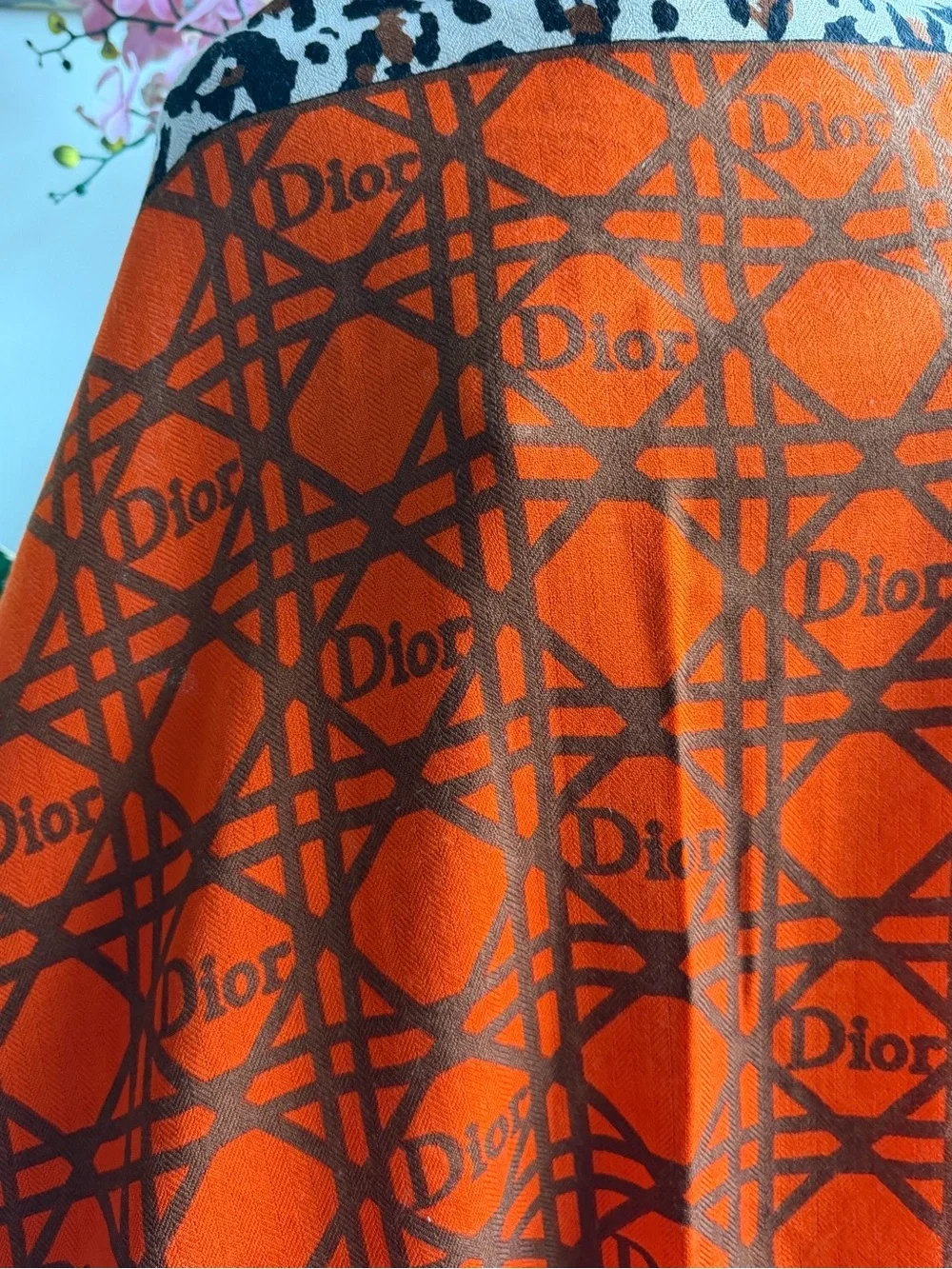Dior Orange and Brown Logo Pattern Wool/Silk/Cashmere blend Scarf.